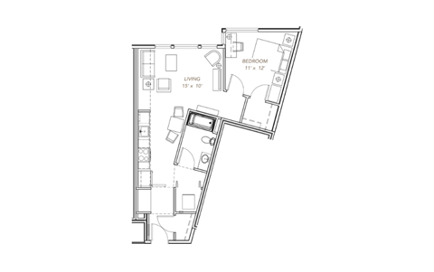 rectangular floor plan of a home with a bedroom and a living room